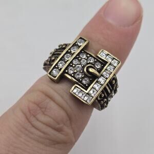 Heidi Daus Belt Buckle Antiqued Gold Tone Rhinestone Designer Ring size 7.5